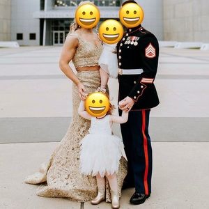 Sherri Hill Gold lace mermaid prom dress ball gown